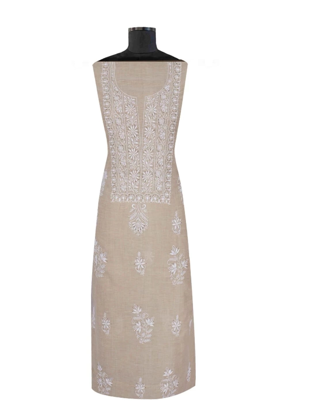 Ada Hand Embroidered Fawn Khadi Lucknowi Chikankari Unstitched Kurta Dupatta Set with Muqaish Work 01A174782
