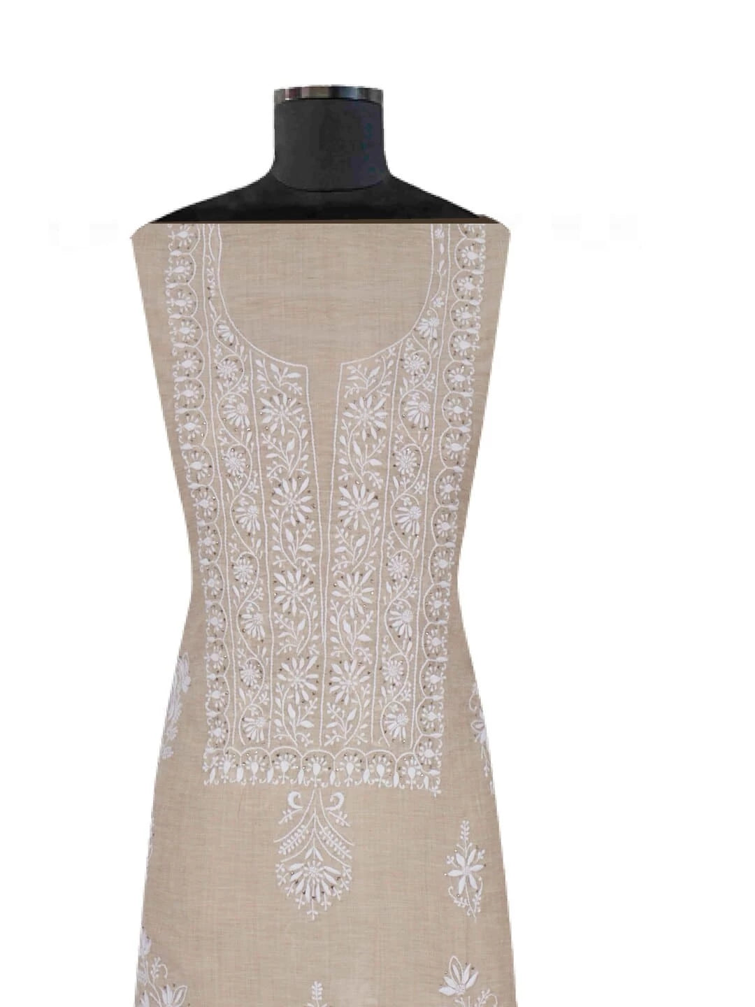Ada Hand Embroidered Fawn Khadi Lucknowi Chikankari Unstitched Kurta Dupatta Set with Muqaish Work 01A174782