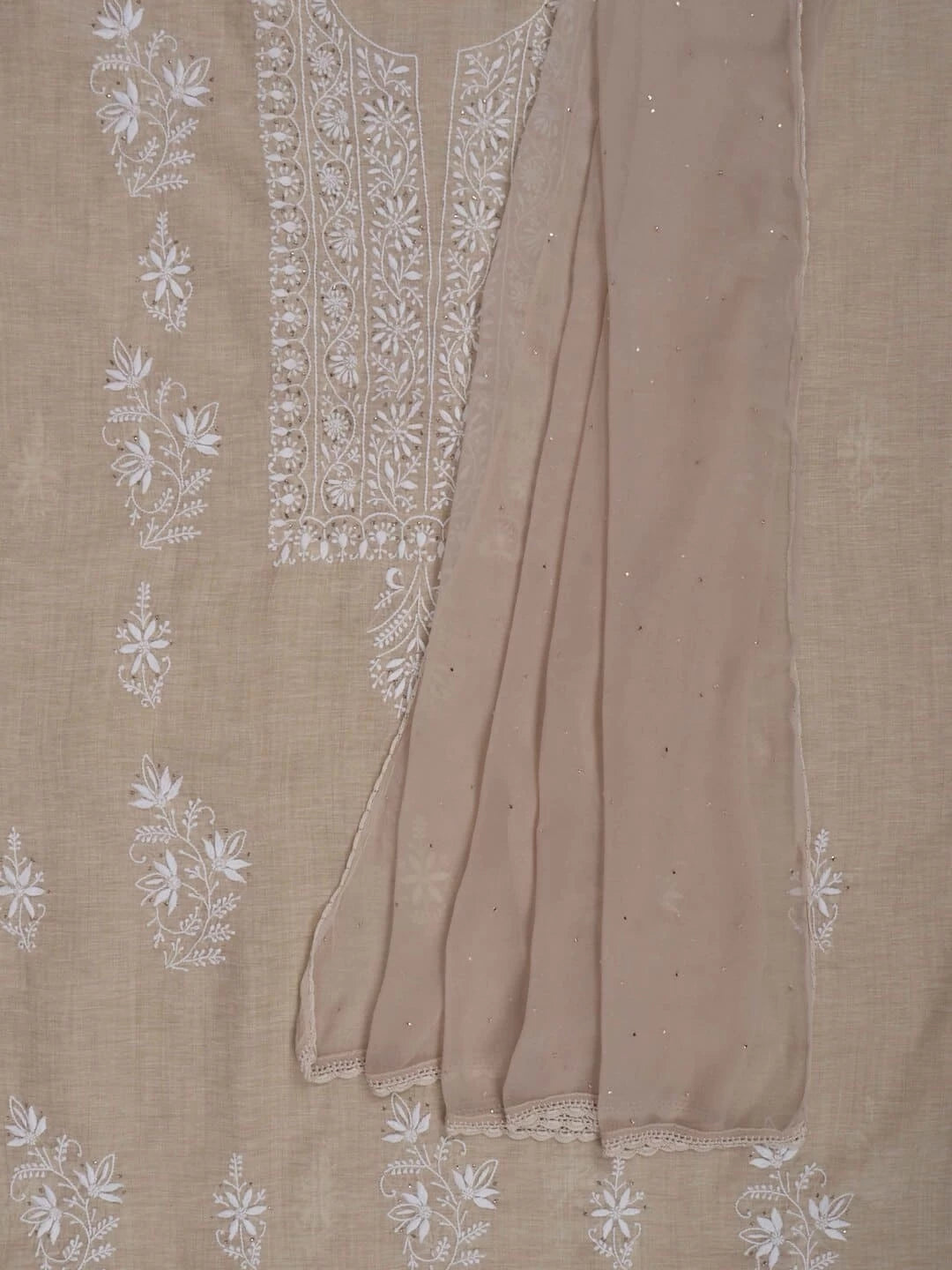 Ada Hand Embroidered Fawn Khadi Lucknowi Chikankari Unstitched Kurta Dupatta Set with Muqaish Work 01A174782