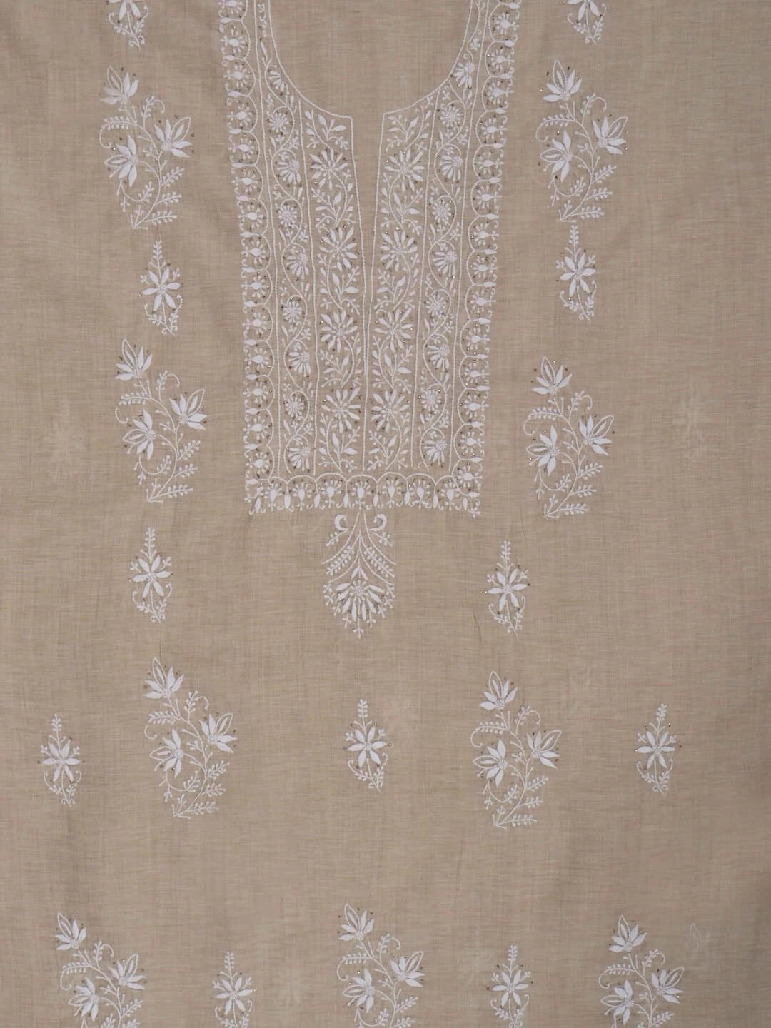 Ada Hand Embroidered Fawn Khadi Lucknowi Chikankari Unstitched Kurta Dupatta Set with Muqaish Work 01A174782