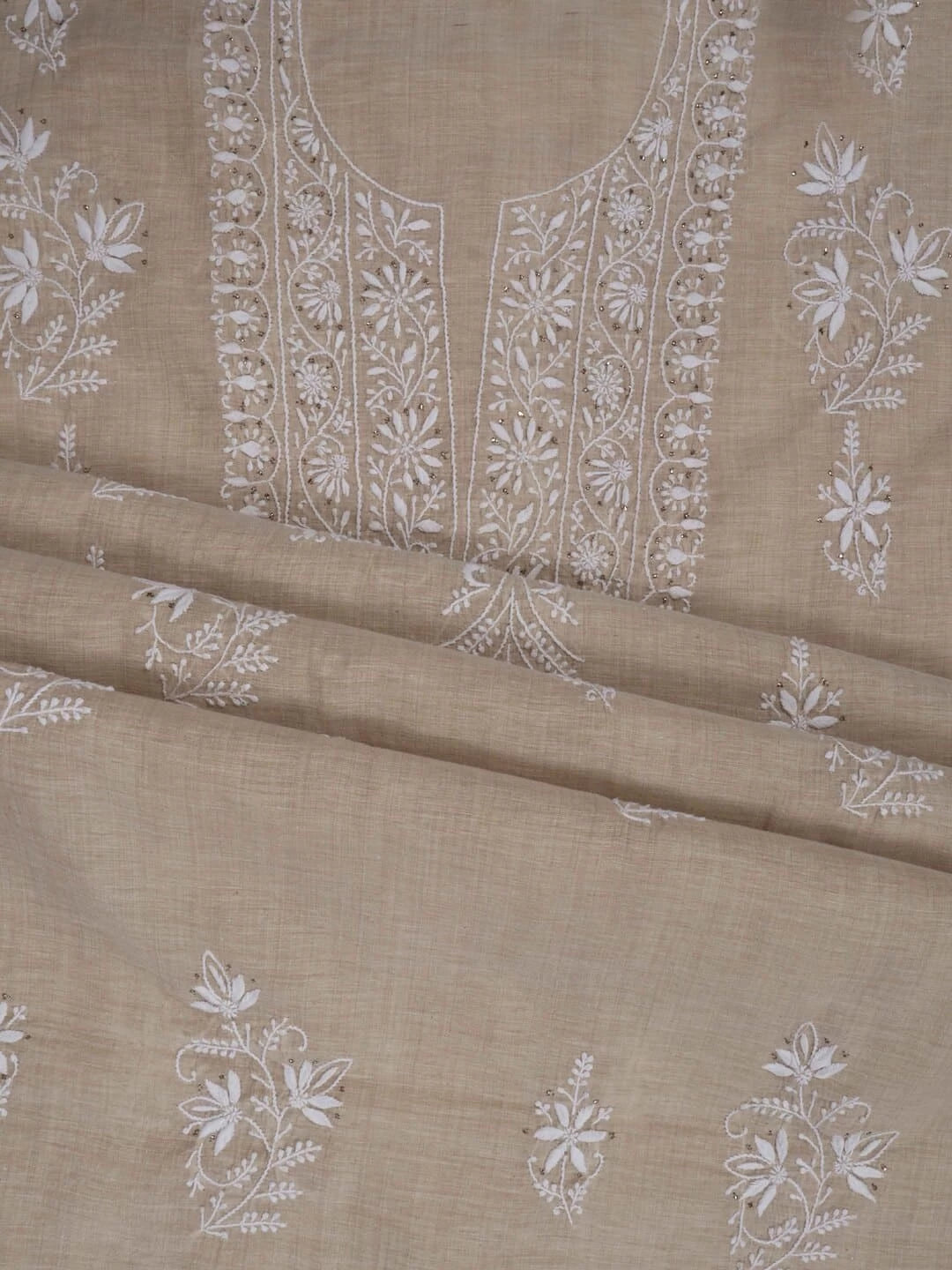 Ada Hand Embroidered Fawn Khadi Lucknowi Chikankari Unstitched Kurta Dupatta Set with Muqaish Work 01A174782