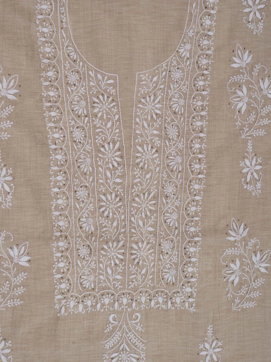 Ada Hand Embroidered Fawn Khadi Lucknowi Chikankari Unstitched Kurta Dupatta Set with Muqaish Work 01A174782