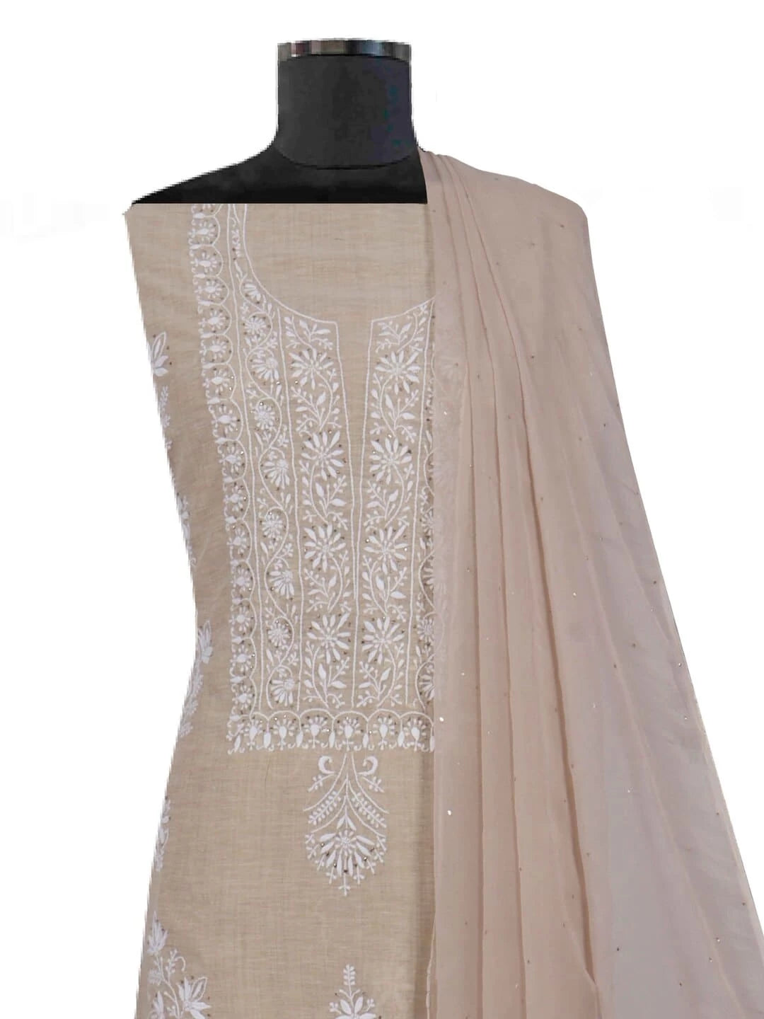 Ada Hand Embroidered Fawn Khadi Lucknowi Chikankari Unstitched Kurta Dupatta Set with Muqaish Work 01A174782