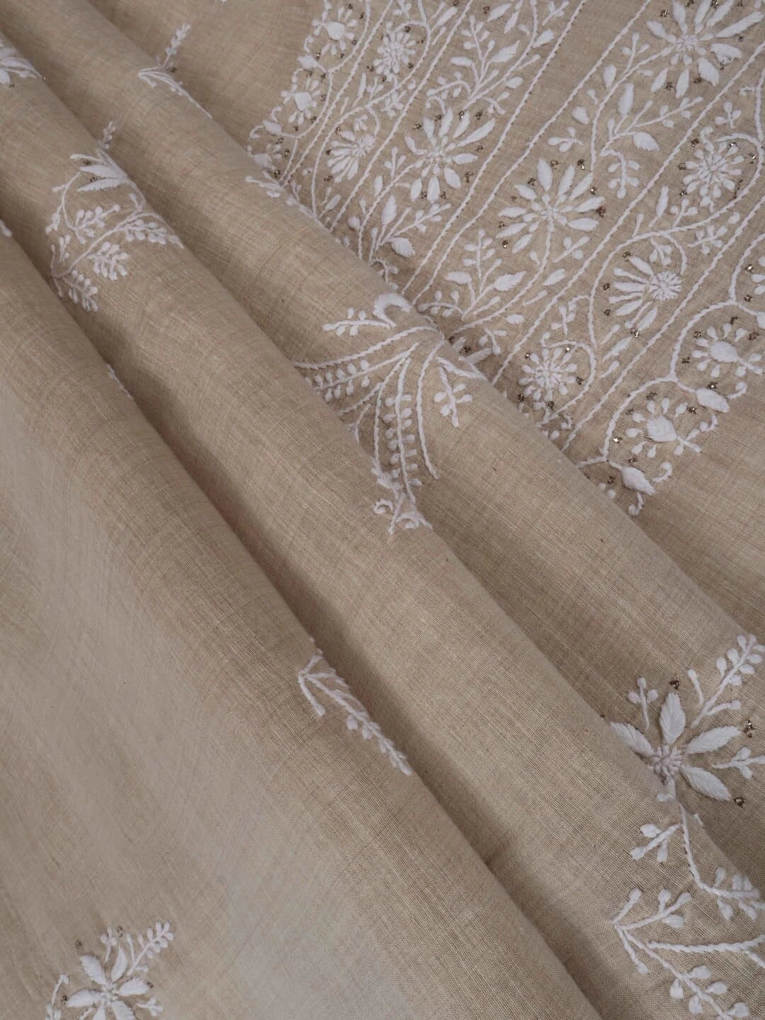 Ada Hand Embroidered Fawn Khadi Lucknowi Chikankari Unstitched Kurta Dupatta Set with Muqaish Work 01A174782