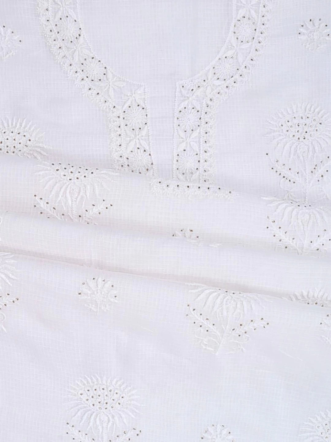 Ada Hand Embroidered White Kota Lucknowi Chikankari Unstitched Kurta Dupatta Set With Muqaish Work 01A185625