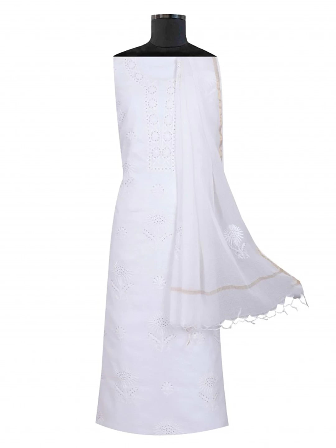 Ada Hand Embroidered White Kota Lucknowi Chikankari Unstitched Kurta Dupatta Set With Muqaish Work 01A185625