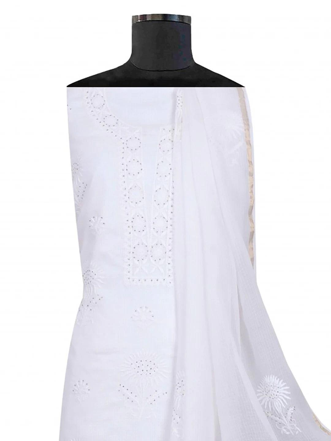Ada Hand Embroidered White Kota Lucknowi Chikankari Unstitched Kurta Dupatta Set With Muqaish Work 01A185625