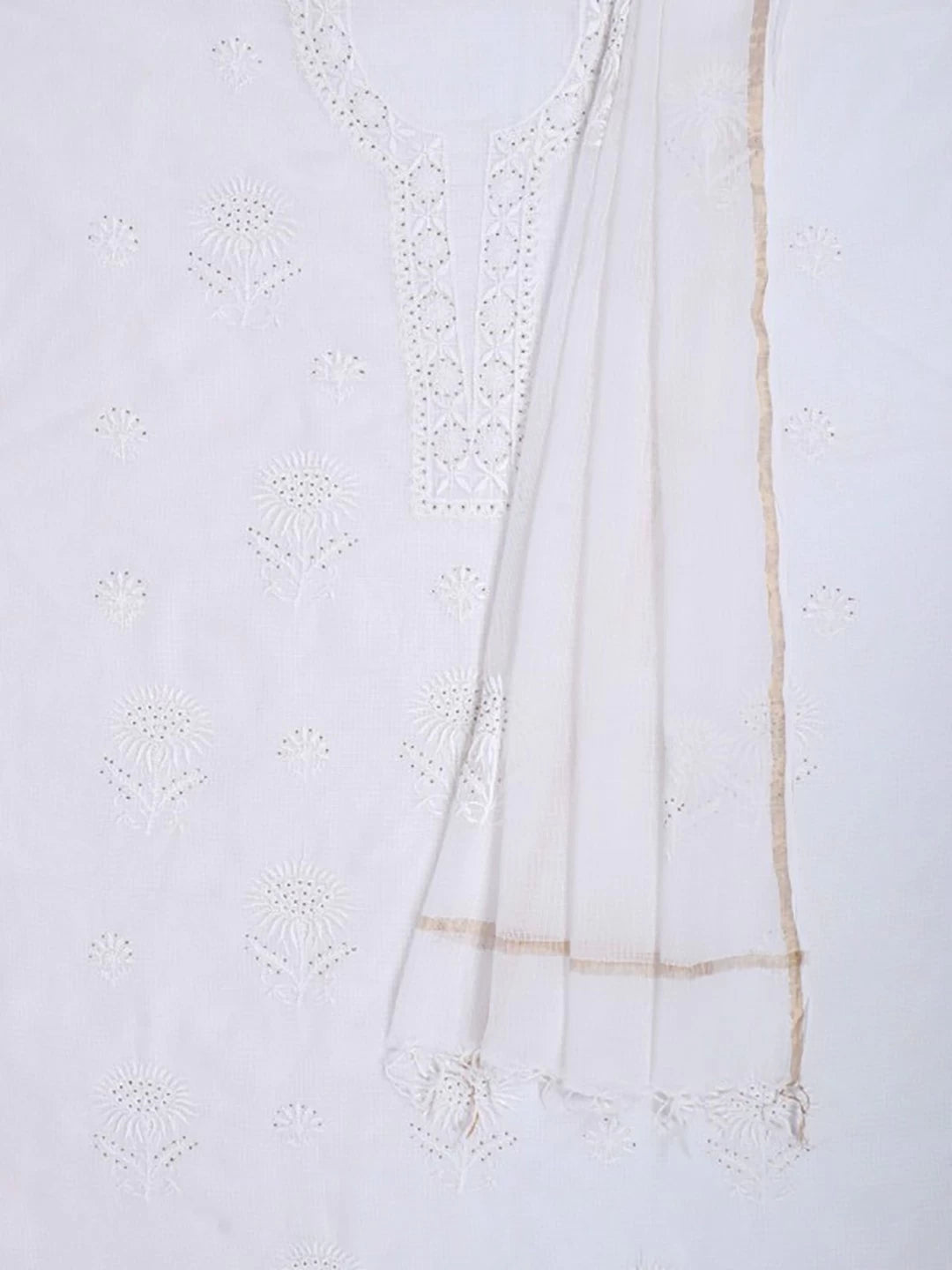 Ada Hand Embroidered White Kota Lucknowi Chikankari Unstitched Kurta Dupatta Set With Muqaish Work 01A185625