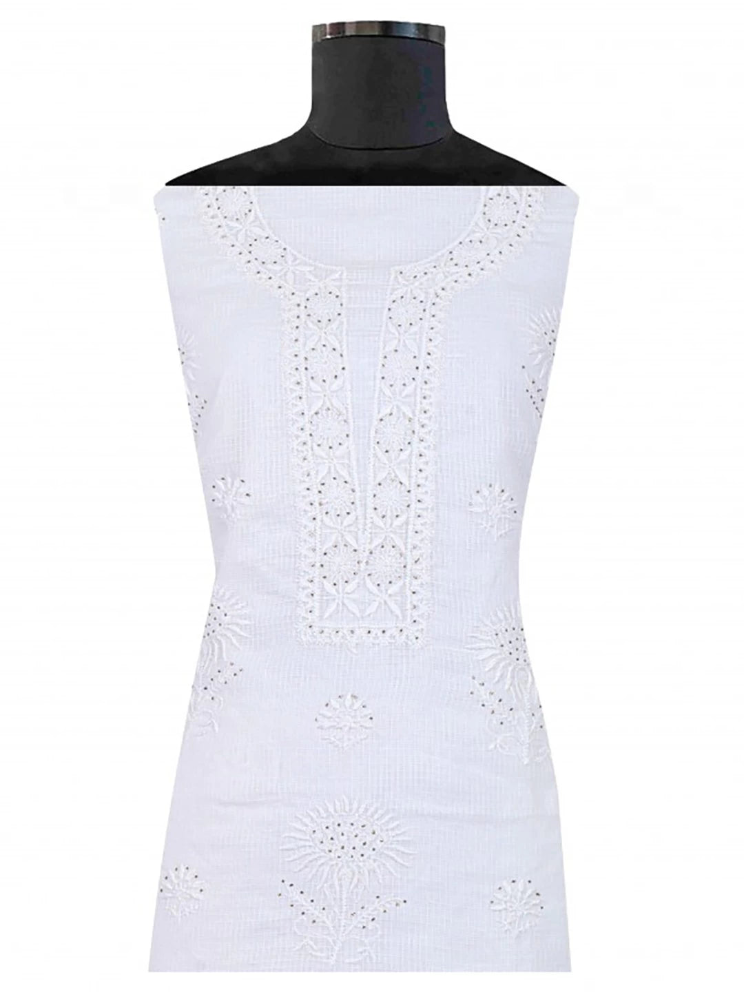 Ada Hand Embroidered White Kota Lucknowi Chikankari Unstitched Kurta Dupatta Set With Muqaish Work 01A185625