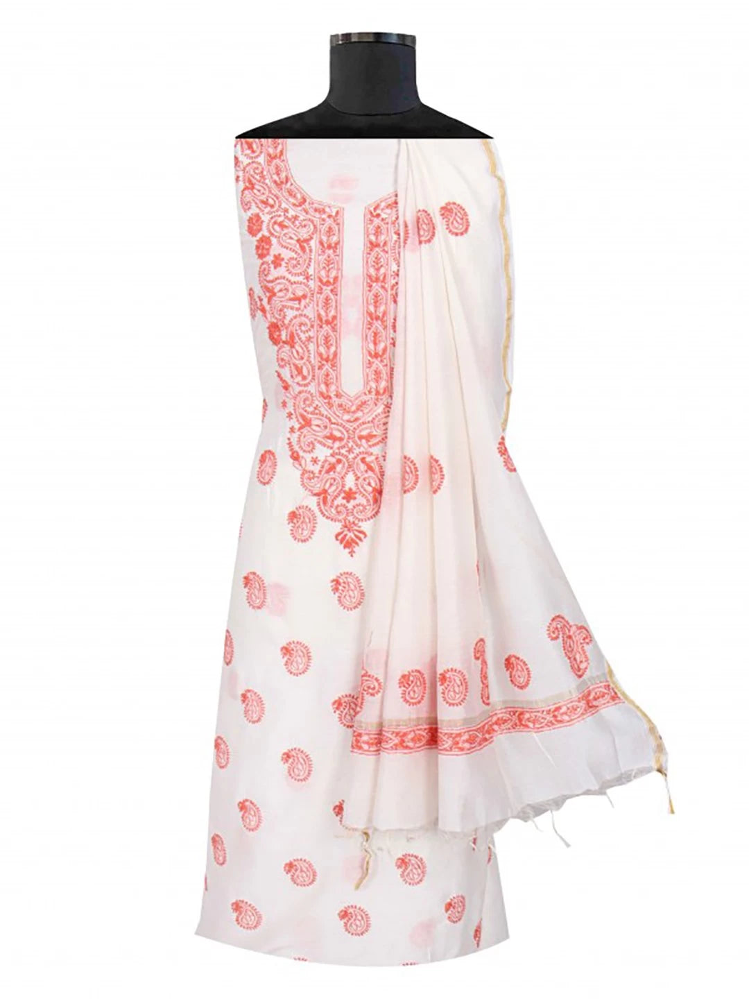 Ada Hand Embroidered Cream Chanderi Lucknowi Chikankari Unstitched Kurta Dupatta Set 01A185745