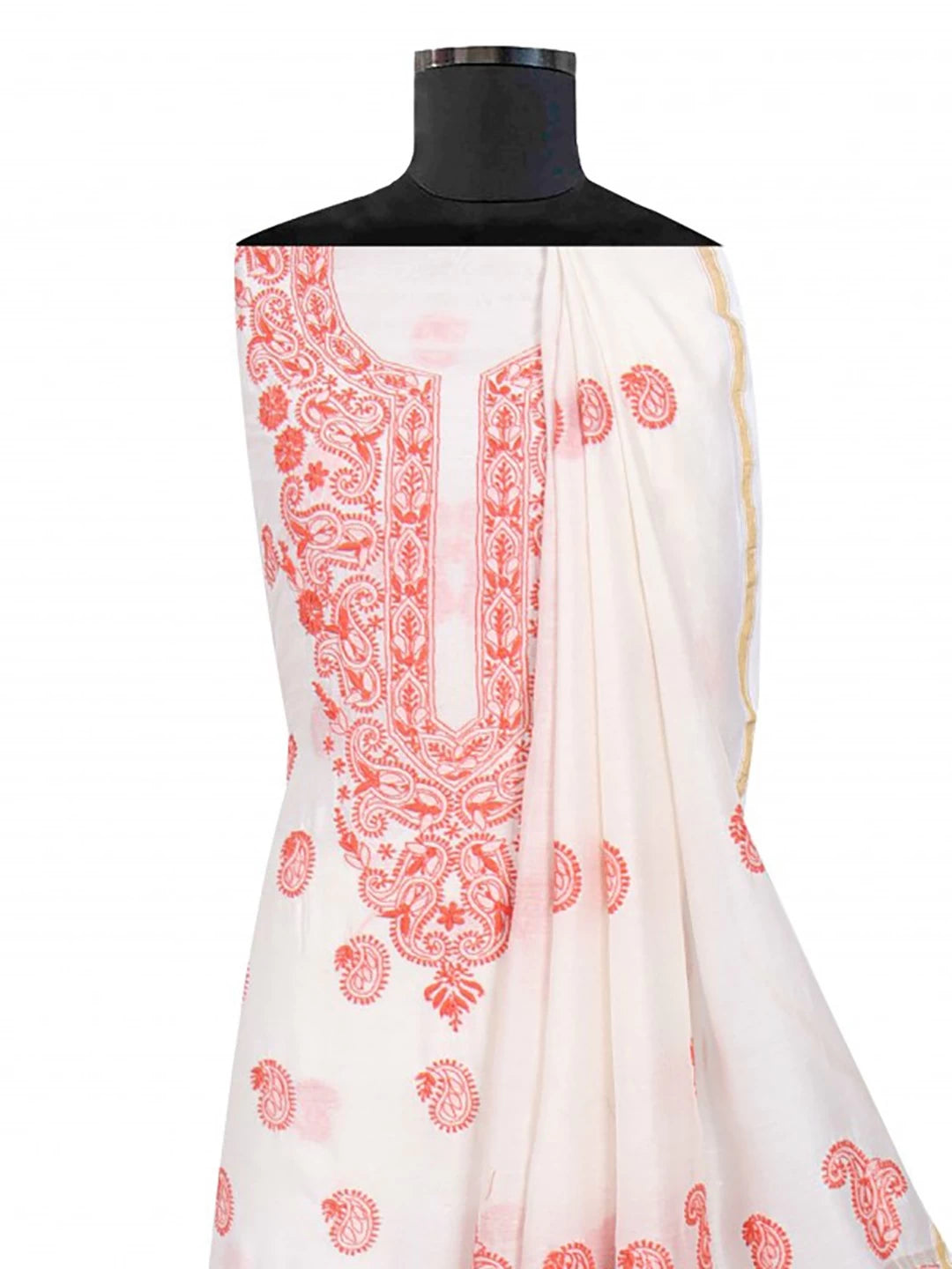 Ada Hand Embroidered Cream Chanderi Lucknowi Chikankari Unstitched Kurta Dupatta Set 01A185745