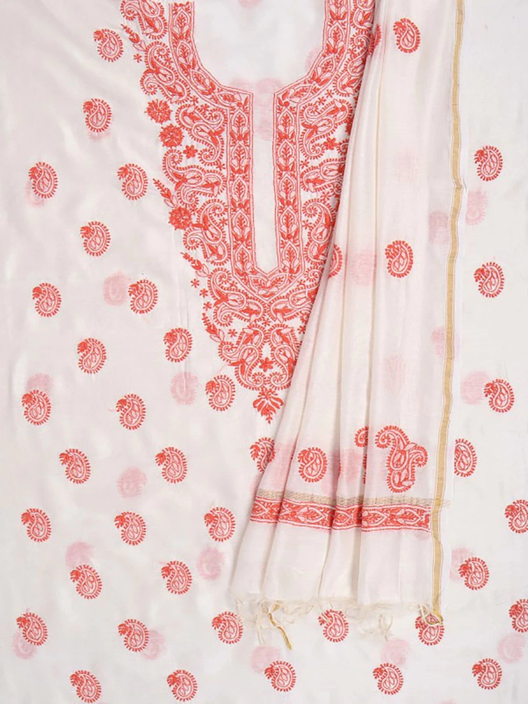 Ada Hand Embroidered Cream Chanderi Lucknowi Chikankari Unstitched Kurta Dupatta Set 01A185745