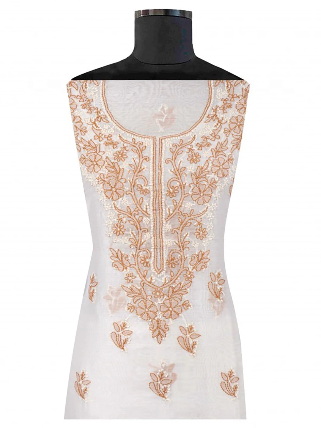 Ada Hand Embroidered Cream Chanderi Lucknowi Chikankari Unstitched Kurta Dupatta Set 01A118204