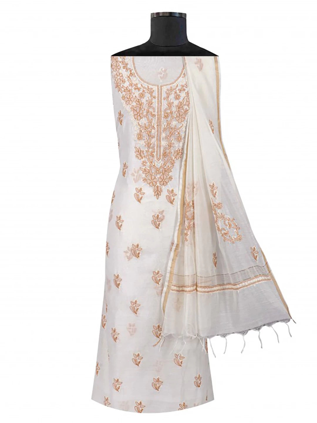 Ada Hand Embroidered Cream Chanderi Lucknowi Chikankari Unstitched Kurta Dupatta Set 01A118204