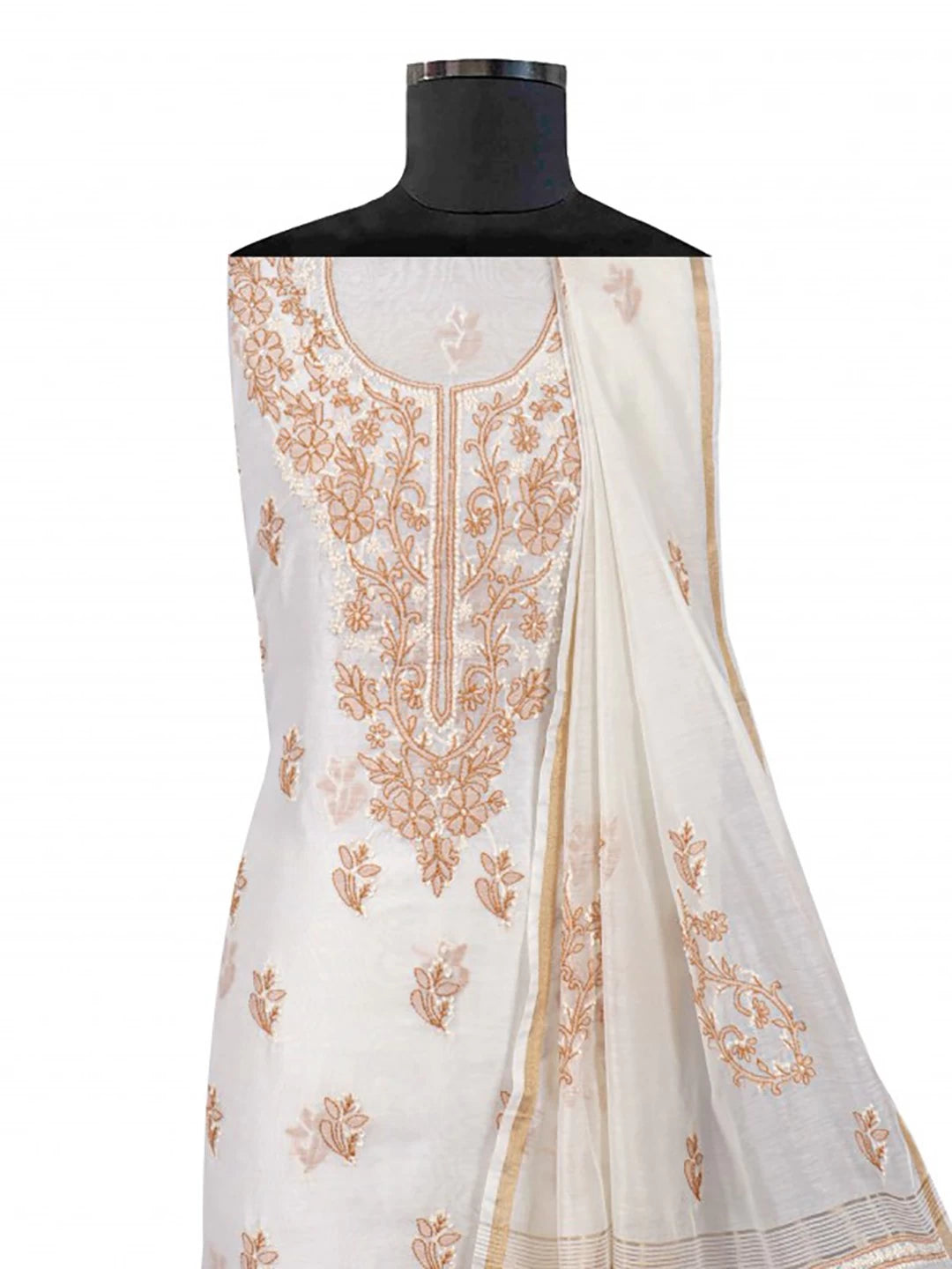 Ada Hand Embroidered Cream Chanderi Lucknowi Chikankari Unstitched Kurta Dupatta Set 01A118204