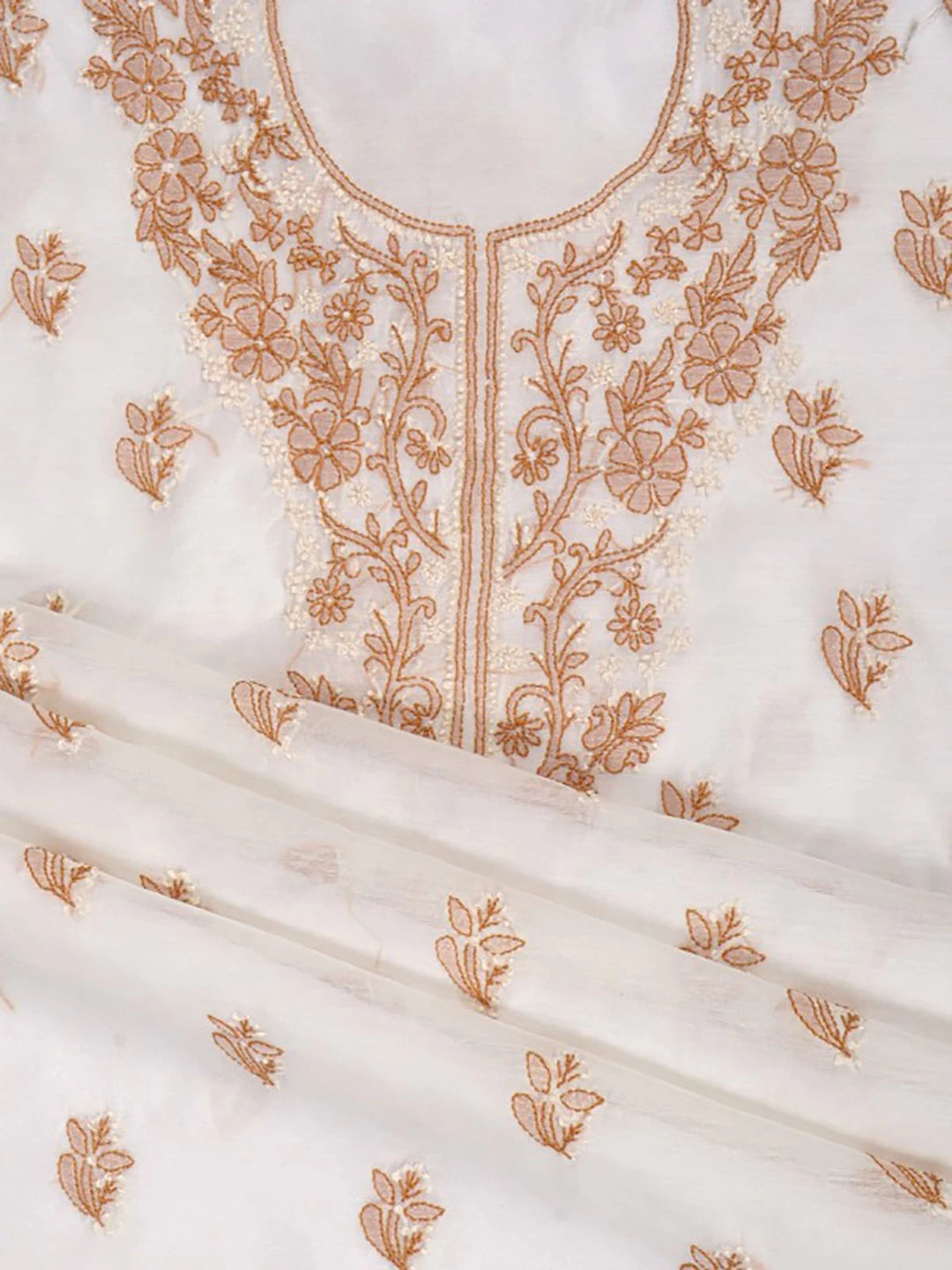 Ada Hand Embroidered Cream Chanderi Lucknowi Chikankari Unstitched Kurta Dupatta Set 01A118204