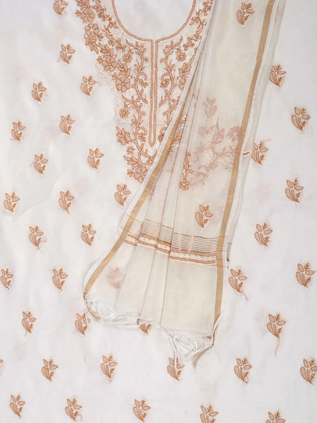 Ada Hand Embroidered Cream Chanderi Lucknowi Chikankari Unstitched Kurta Dupatta Set 01A118204
