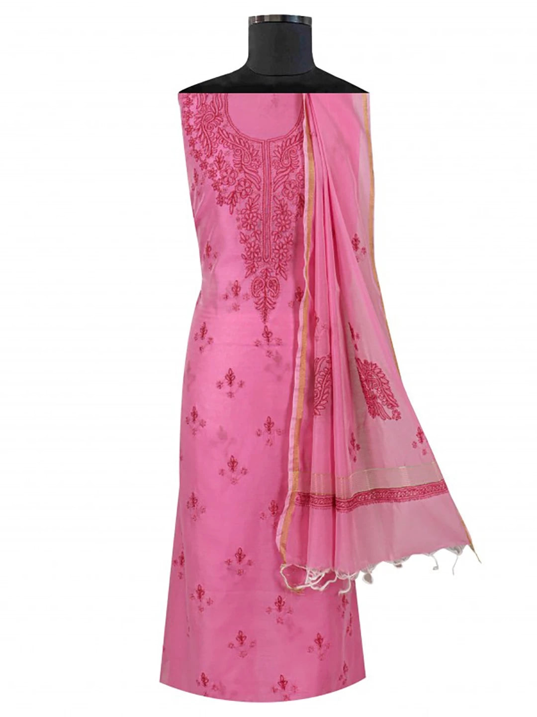 Ada Hand Embroidered Fuscia Pink Chanderi Lucknowi Chikankari Unstitched Kurta Dupatta Set 01A136650
