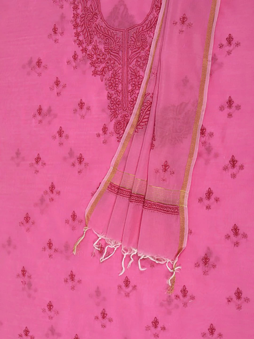 Ada Hand Embroidered Fuscia Pink Chanderi Lucknowi Chikankari Unstitched Kurta Dupatta Set 01A136650