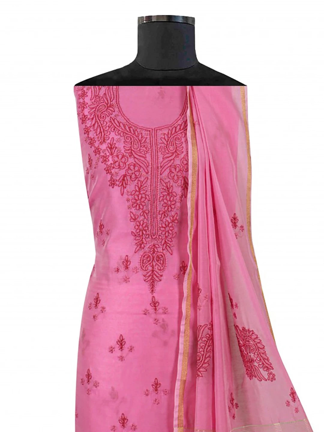 Ada Hand Embroidered Fuscia Pink Chanderi Lucknowi Chikankari Unstitched Kurta Dupatta Set 01A136650