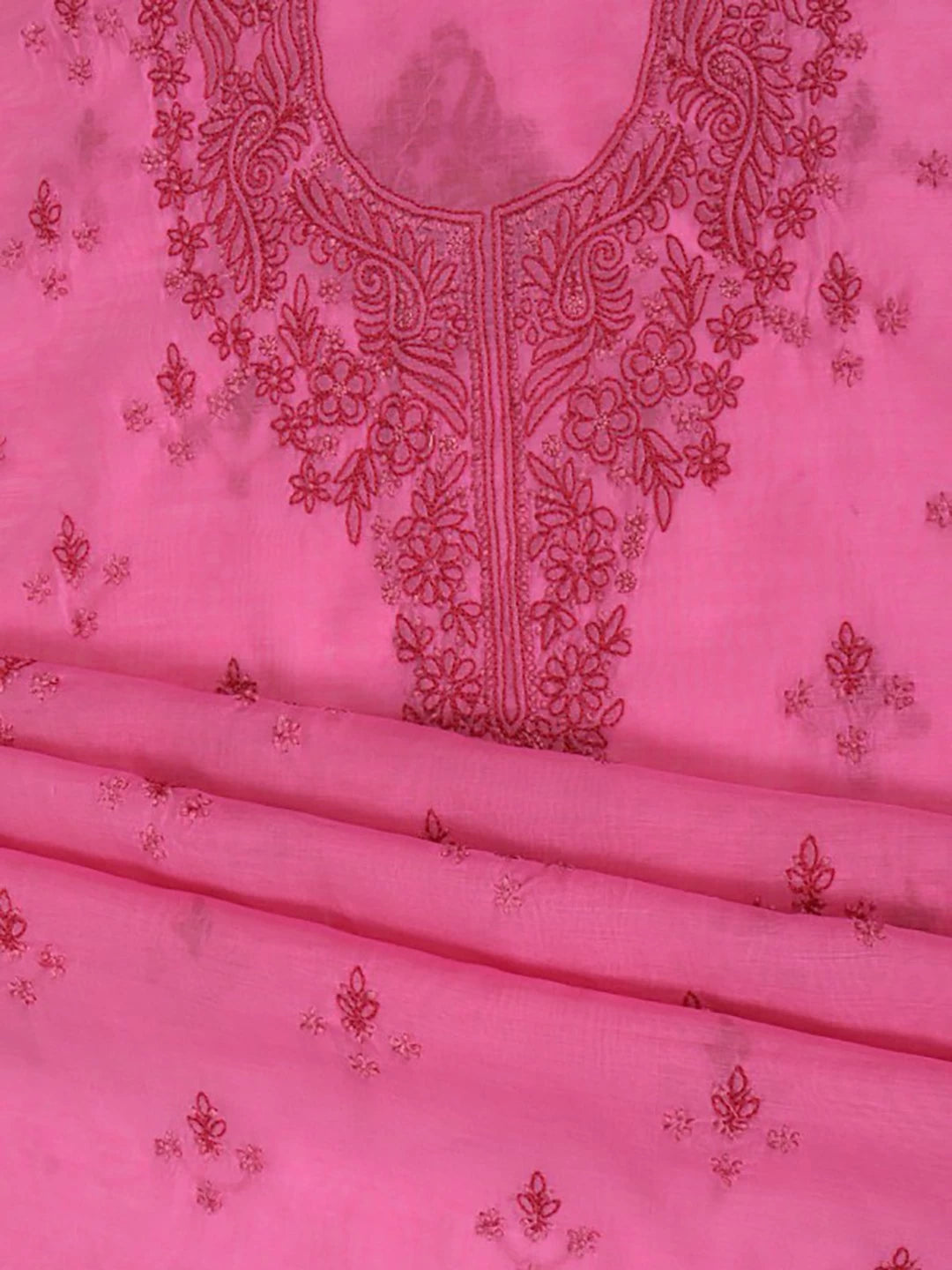 Ada Hand Embroidered Fuscia Pink Chanderi Lucknowi Chikankari Unstitched Kurta Dupatta Set 01A136650