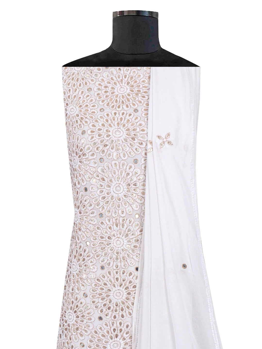 Ada Hand Embroidered White Georgette Lucknowi Chikankari Unstitched Kurta Dupatta Set With Gota patti Work 01A200066