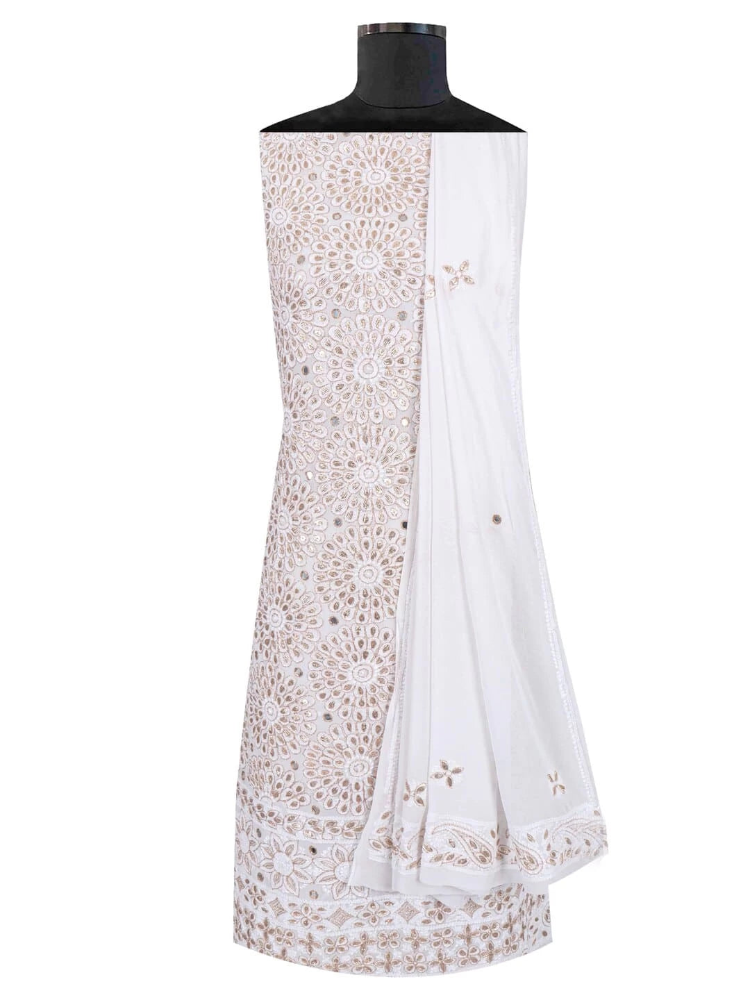 Ada Hand Embroidered White Georgette Lucknowi Chikankari Unstitched Kurta Dupatta Set With Gota patti Work 01A200066