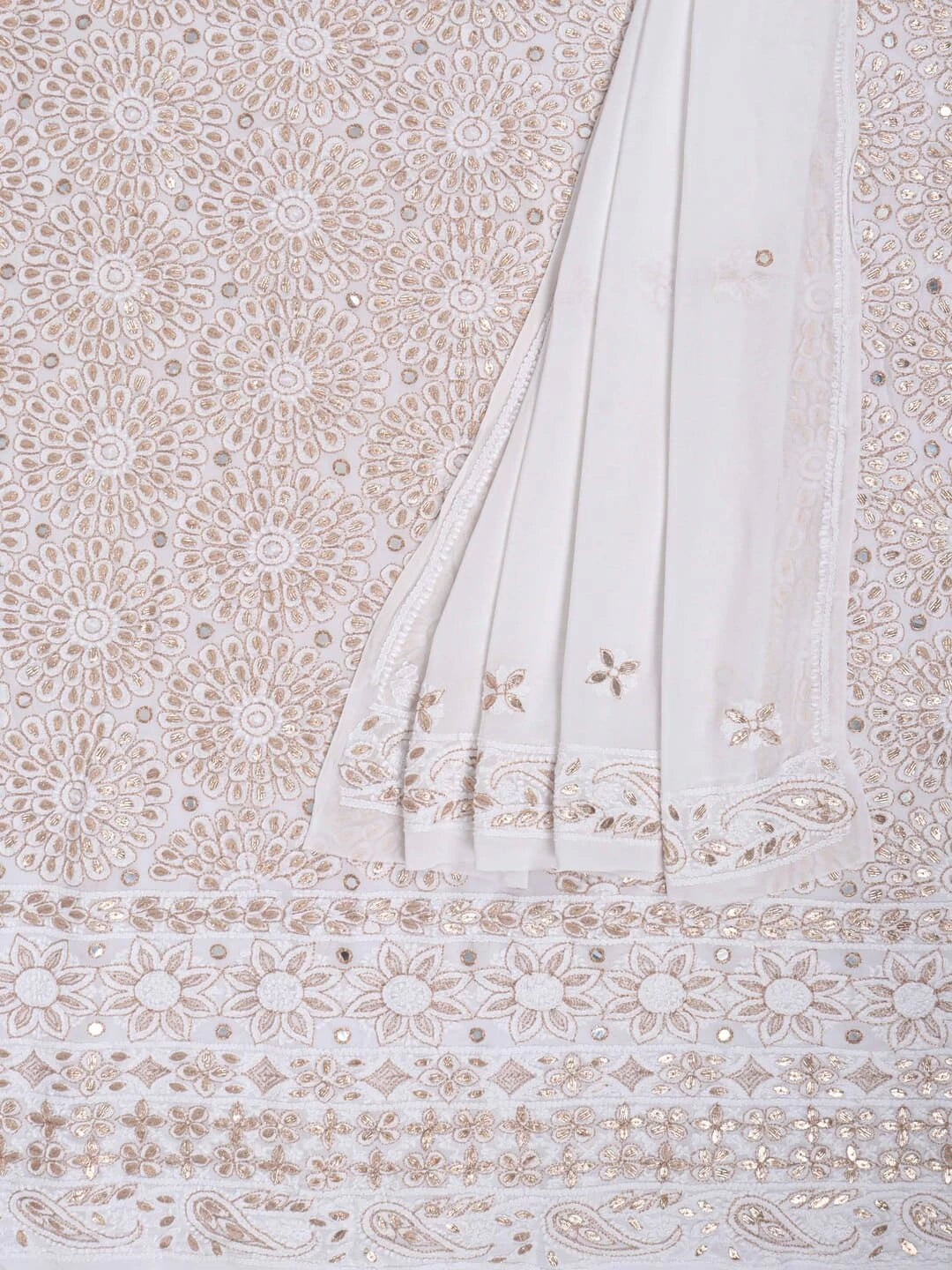 Ada Hand Embroidered White Georgette Lucknowi Chikankari Unstitched Kurta Dupatta Set With Gota patti Work 01A200066