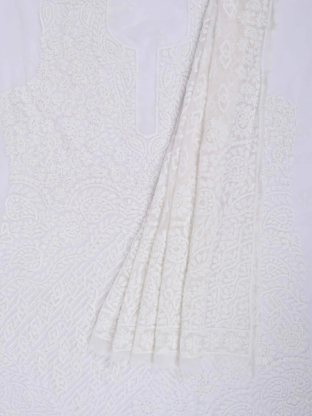 Ada Hand Embroidered Cream Georgette Lucknowi Chikankari Unstitched Kurta Dupatta Set 01A204235