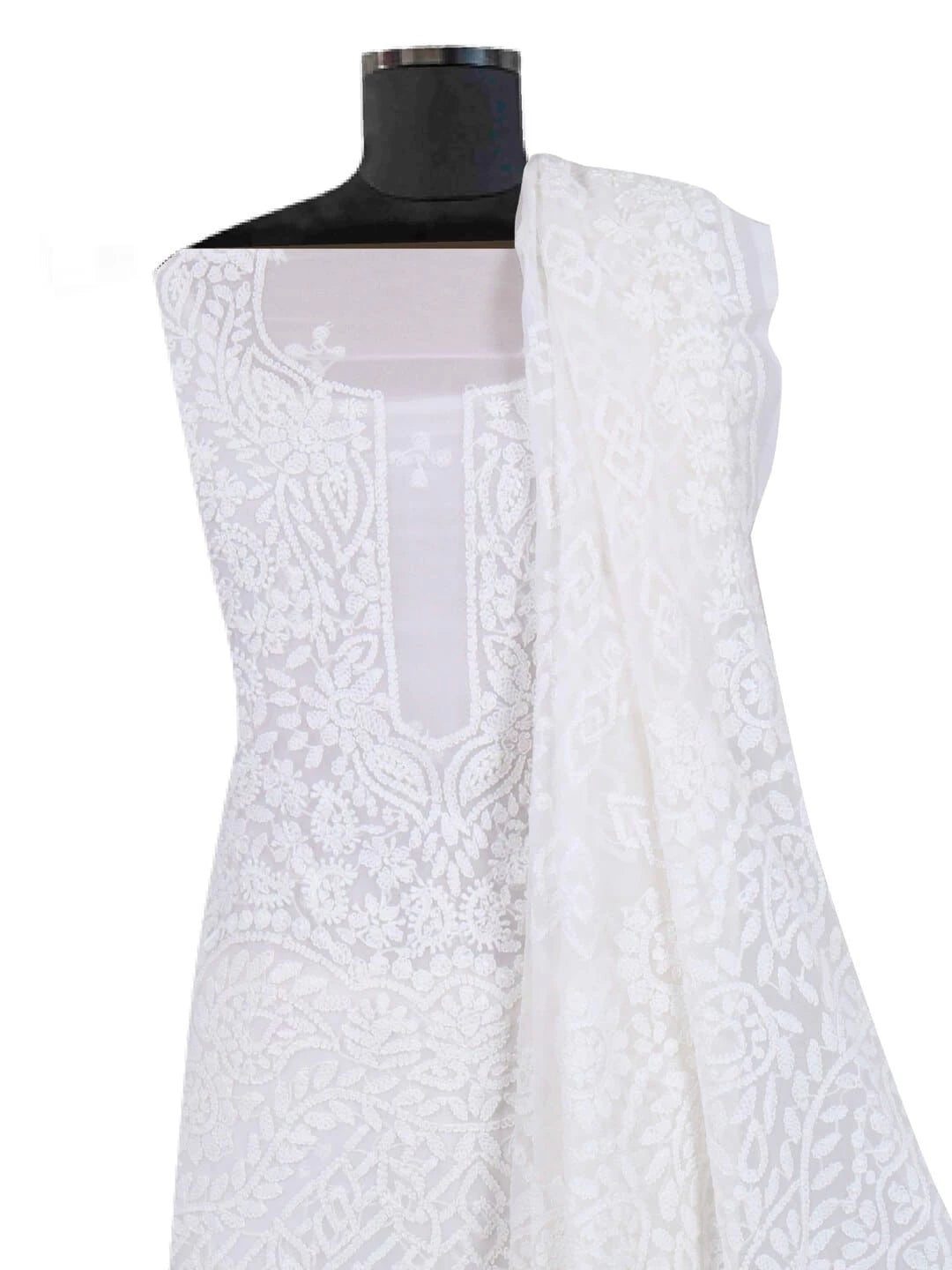Ada Hand Embroidered Cream Georgette Lucknowi Chikankari Unstitched Kurta Dupatta Set 01A204235