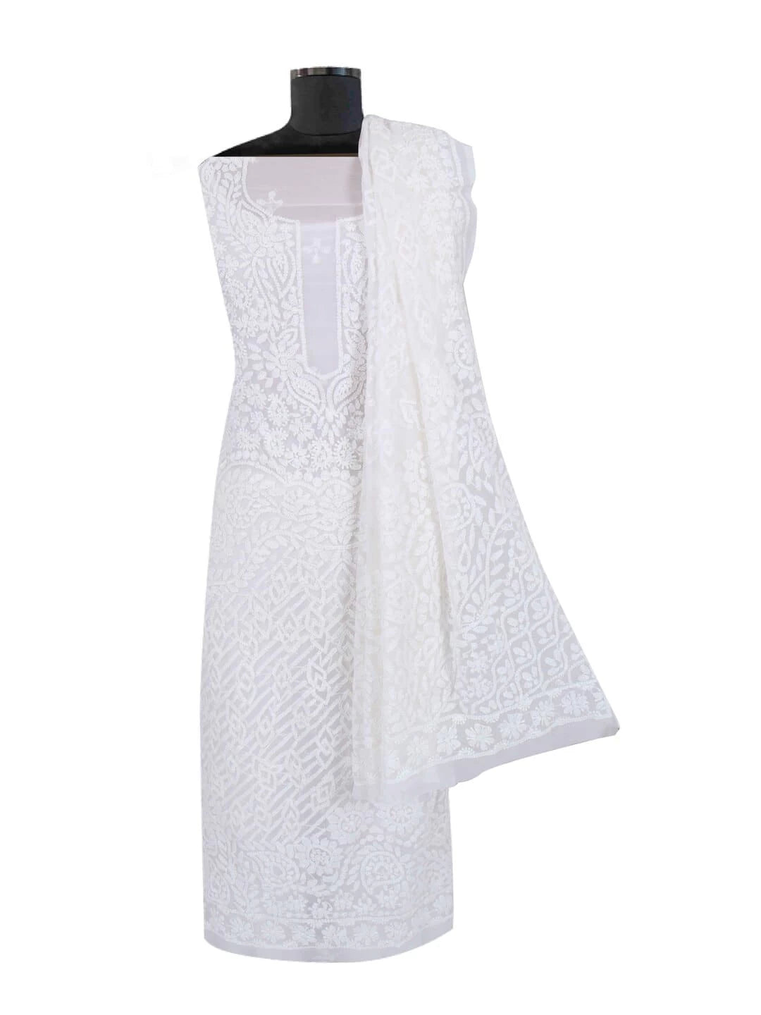 Ada Hand Embroidered Cream Georgette Lucknowi Chikankari Unstitched Kurta Dupatta Set 01A204235