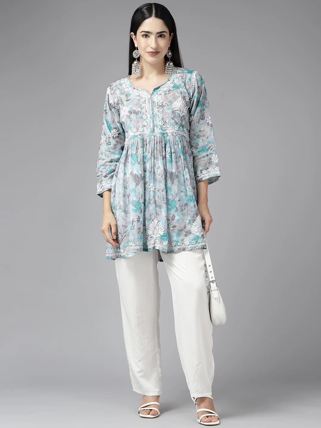 Ada Hand Embroidered Lucknowi Chikankari Grey And Green Cotton Floral Print Paplum Kurti A911315