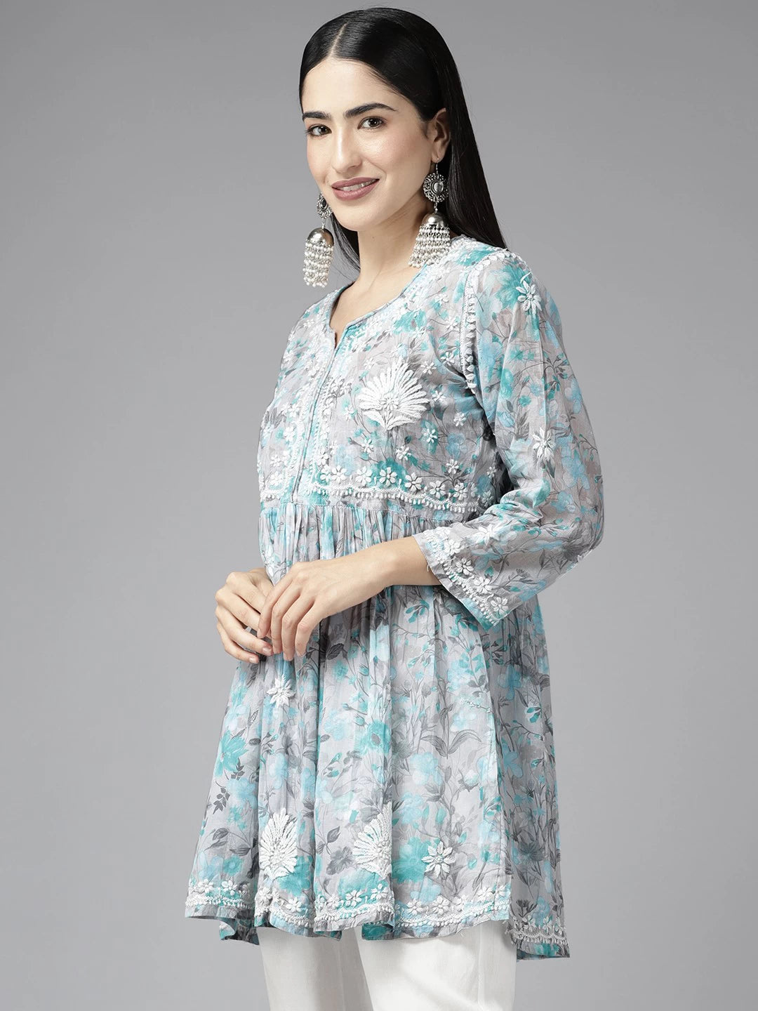 Ada Hand Embroidered Lucknowi Chikankari Grey And Green Cotton Floral Print Paplum Kurti A911315