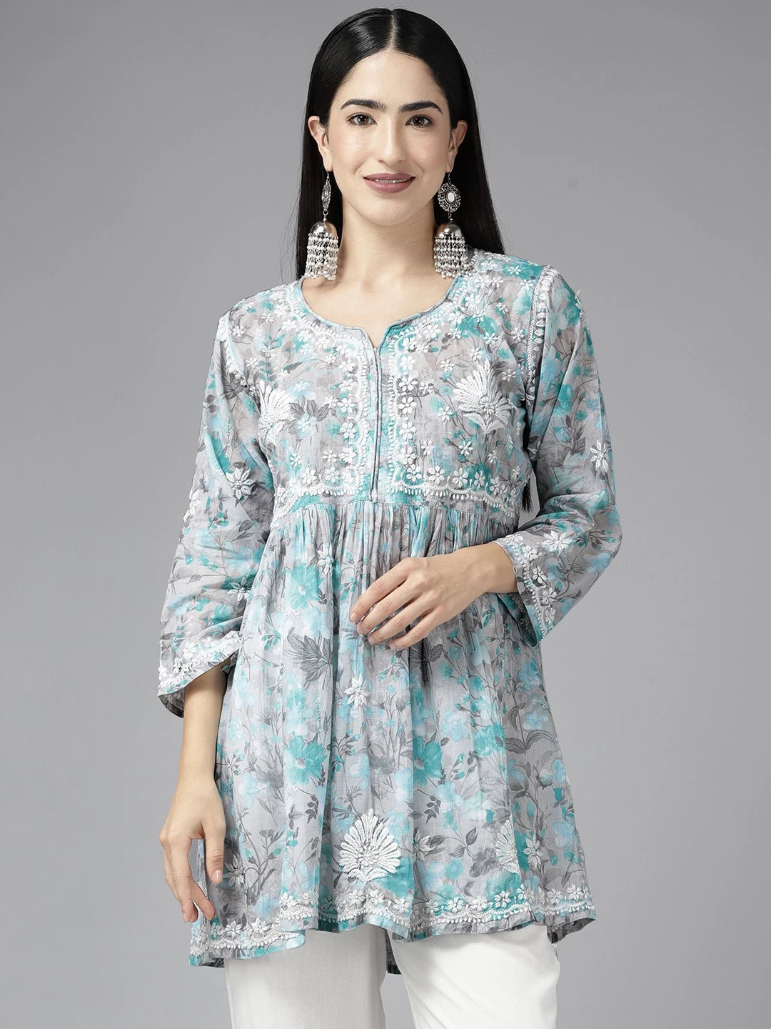Ada Hand Embroidered Lucknowi Chikankari Grey And Green Cotton Floral Print Paplum Kurti A911315