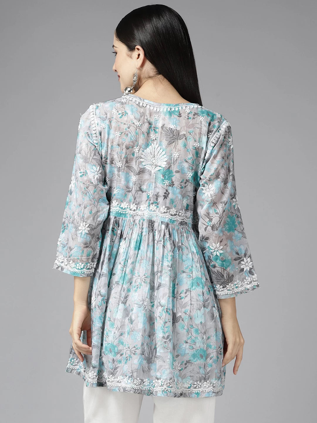 Ada Hand Embroidered Lucknowi Chikankari Grey And Green Cotton Floral Print Paplum Kurti A911315