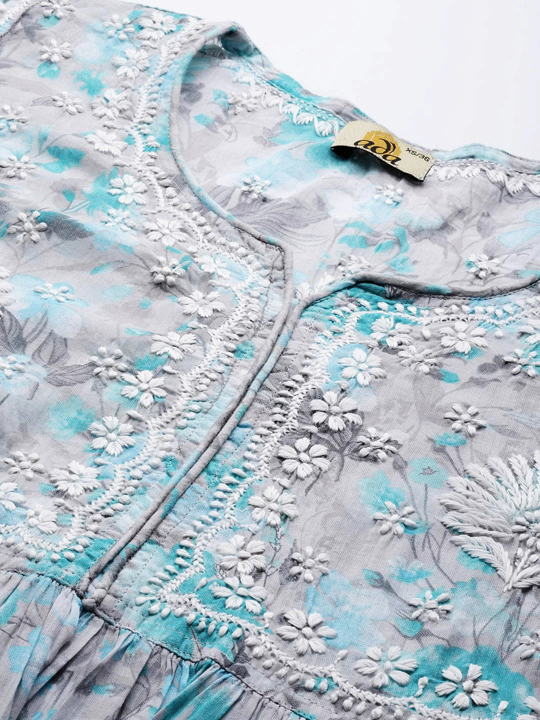 Ada Hand Embroidered Lucknowi Chikankari Grey And Green Cotton Floral Print Paplum Kurti A911315