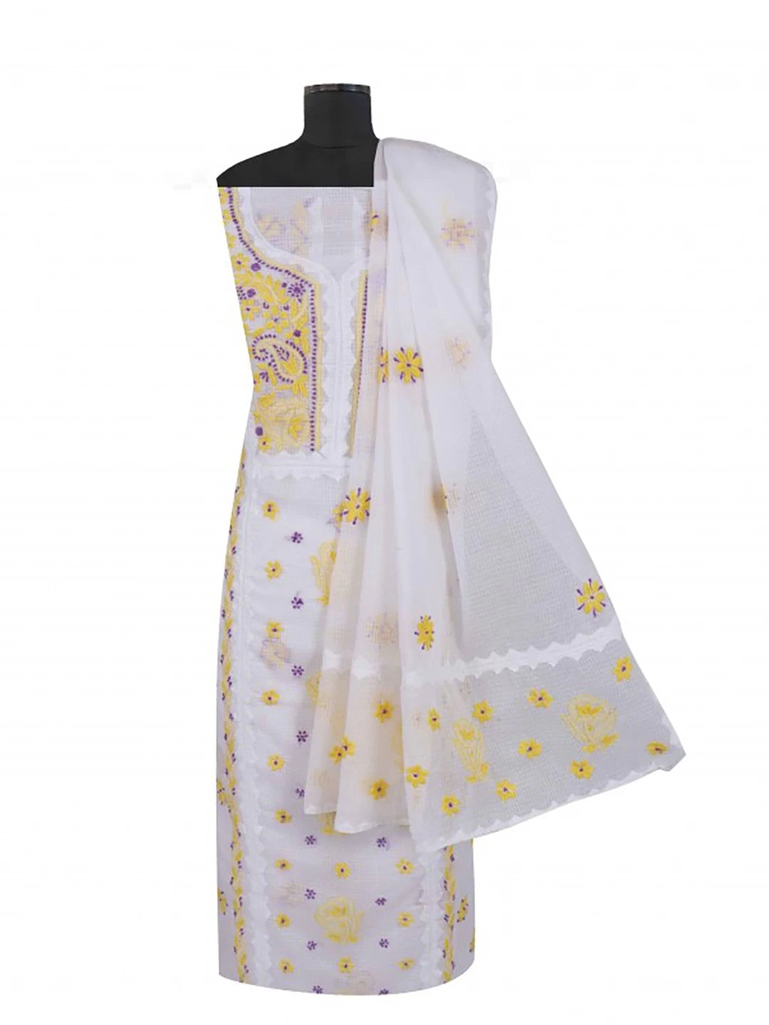 Ada Hand Embroidered White Kota Lucknowi Chikankari Unstitched Kurta Dupatta Set 01A213739