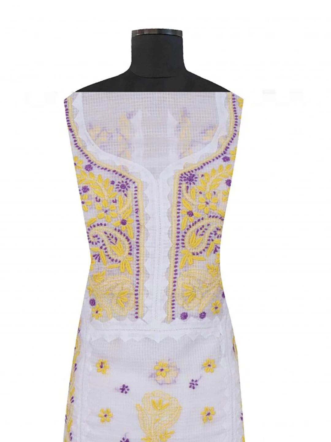 Ada Hand Embroidered White Kota Lucknowi Chikankari Unstitched Kurta Dupatta Set 01A213739