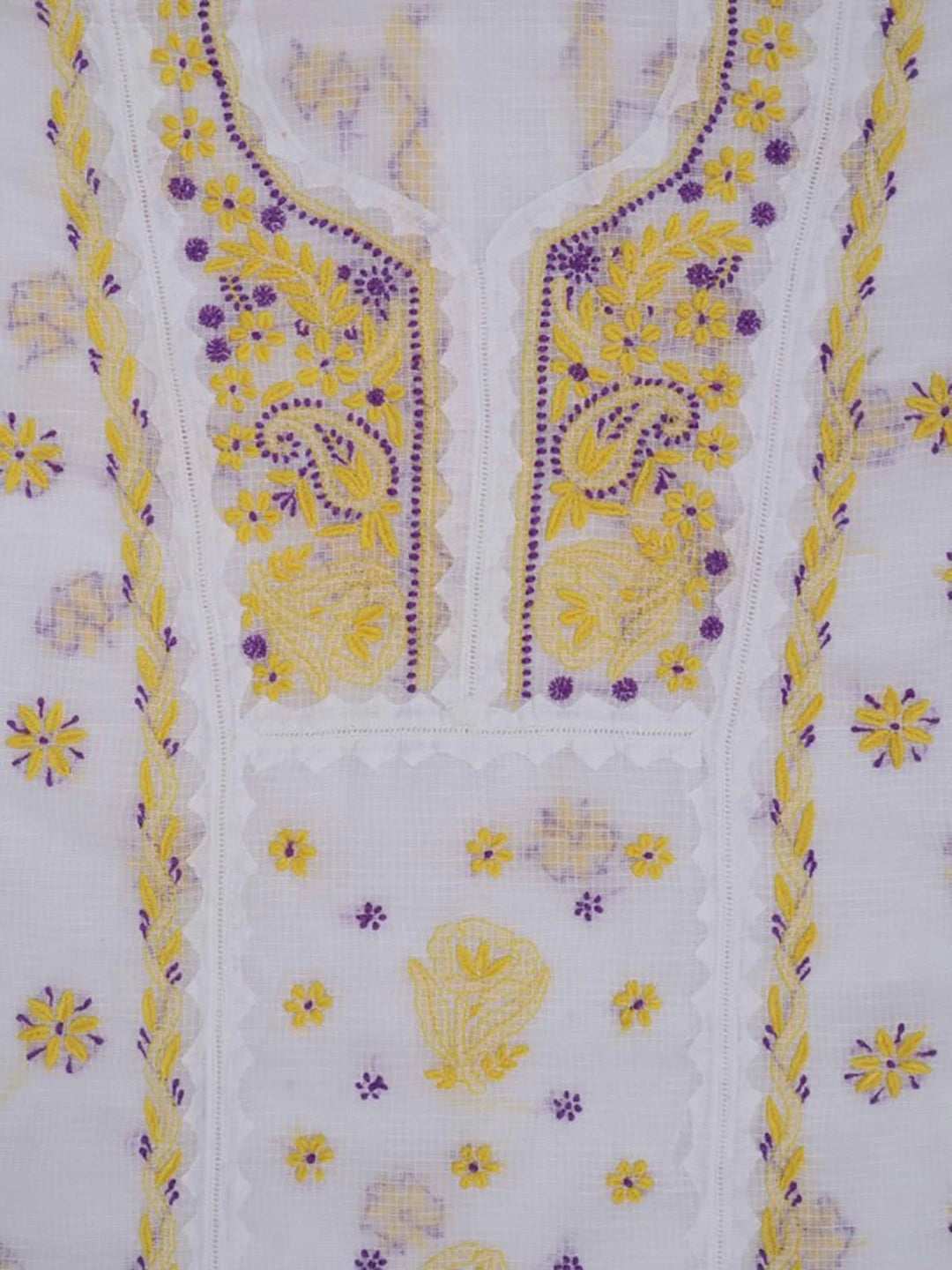 Ada Hand Embroidered White Kota Lucknowi Chikankari Unstitched Kurta Dupatta Set 01A213739