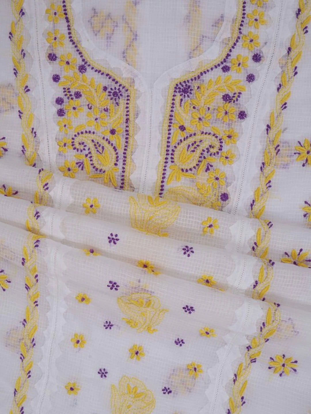 Ada Hand Embroidered White Kota Lucknowi Chikankari Unstitched Kurta Dupatta Set 01A213739