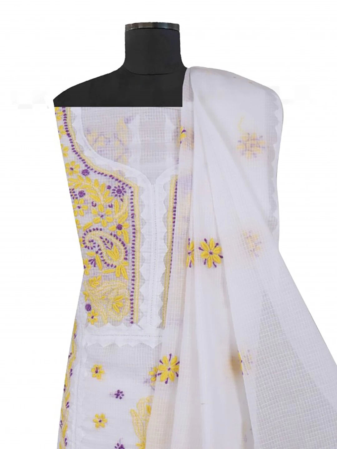 Ada Hand Embroidered White Kota Lucknowi Chikankari Unstitched Kurta Dupatta Set 01A213739