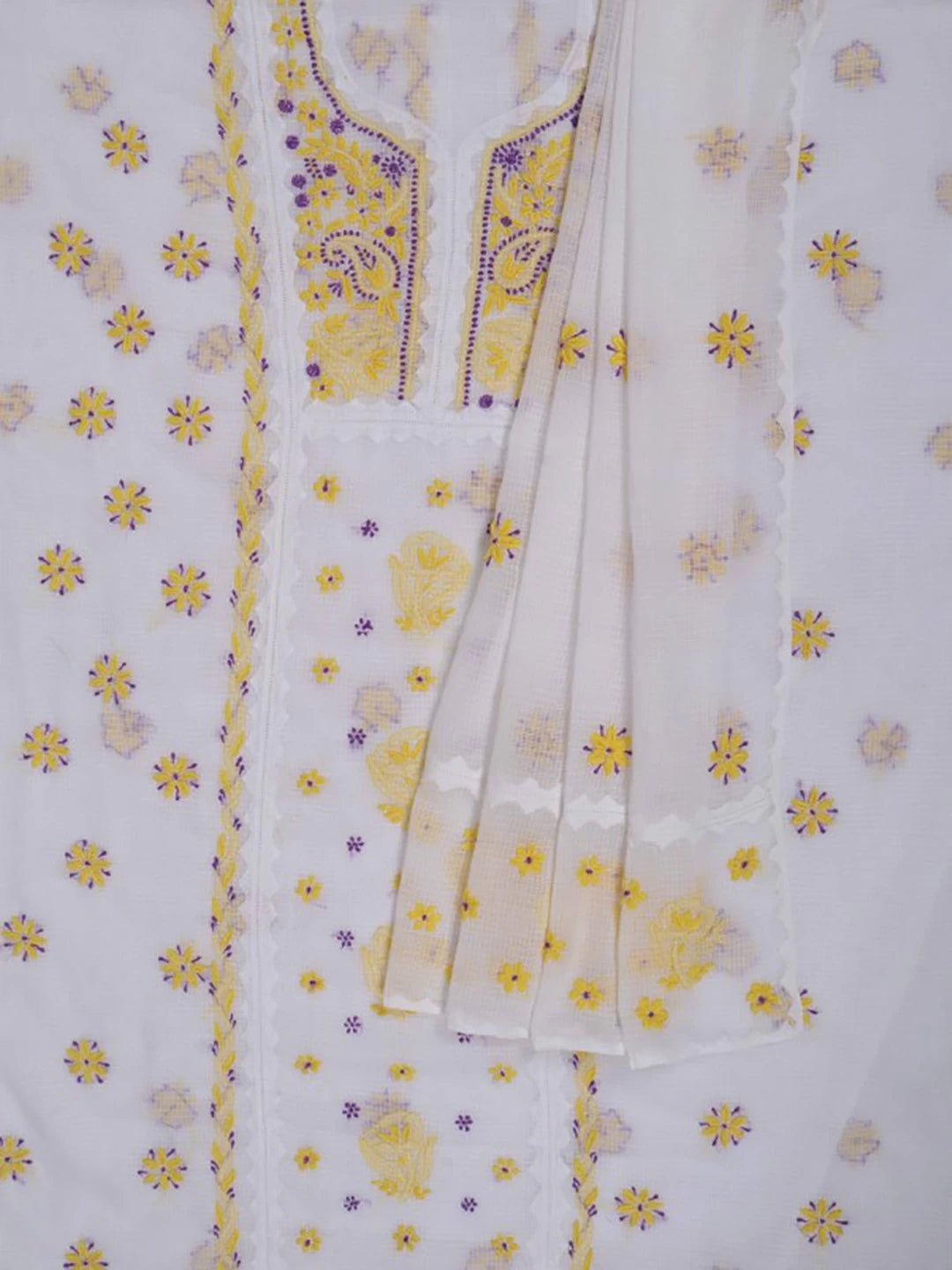 Ada Hand Embroidered White Kota Lucknowi Chikankari Unstitched Kurta Dupatta Set 01A213739
