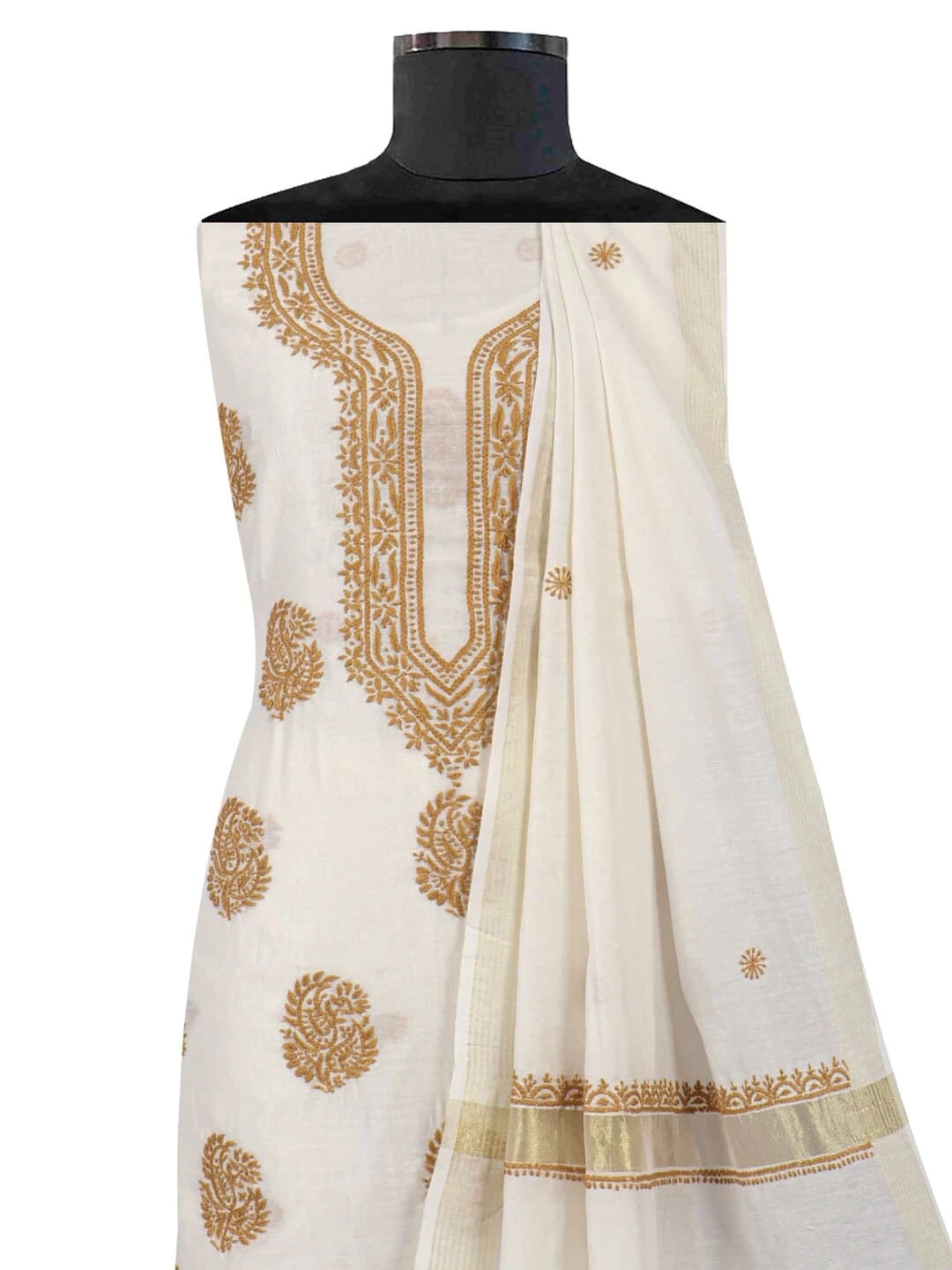 Ada Hand Embroidered Cream Chanderi Lucknowi Chikankari Unstitched Kurta Dupatta Set 01A237335
