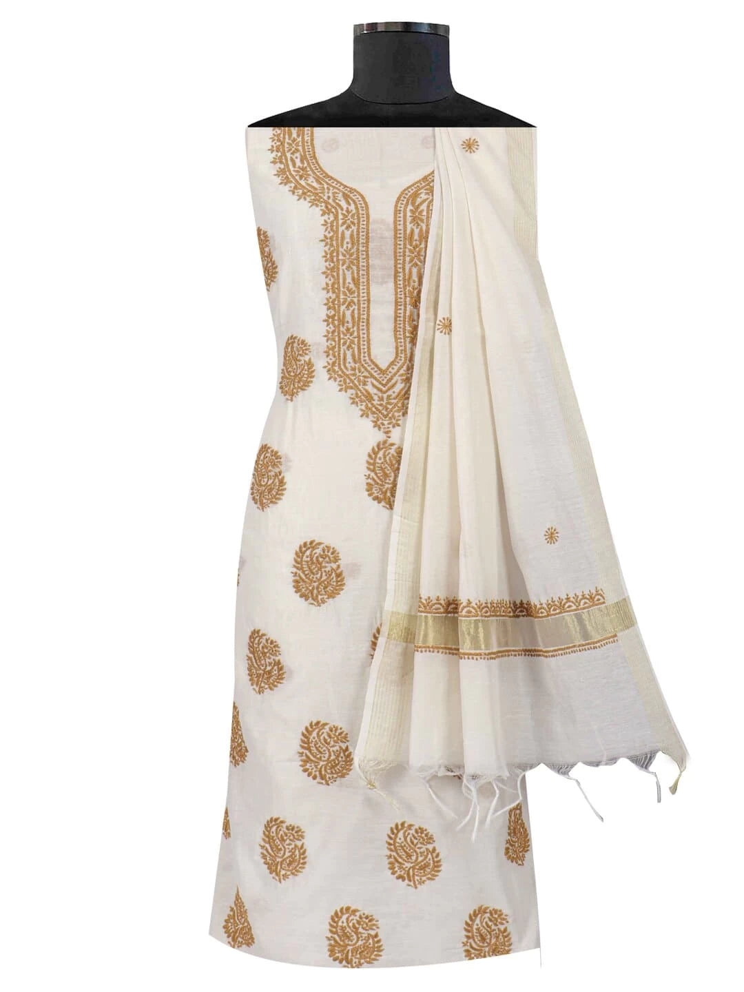 Ada Hand Embroidered Cream Chanderi Lucknowi Chikankari Unstitched Kurta Dupatta Set 01A237335