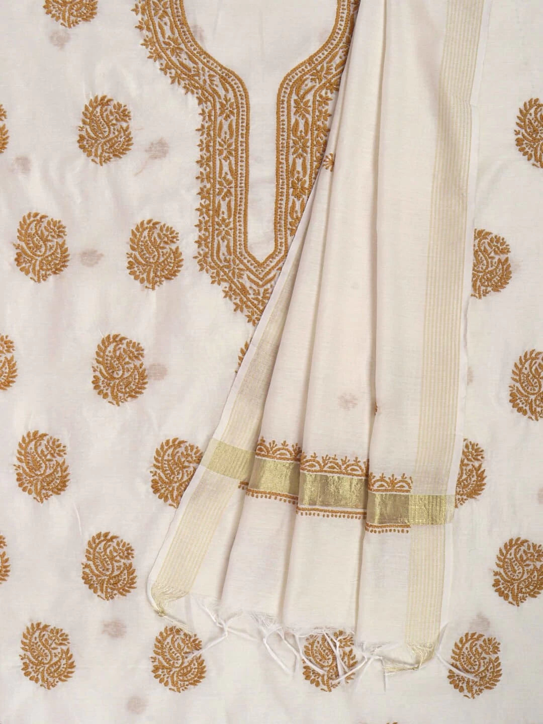 Ada Hand Embroidered Cream Chanderi Lucknowi Chikankari Unstitched Kurta Dupatta Set 01A237335