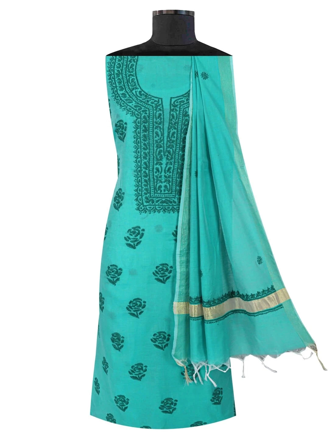 Ada Hand Embroidered Green Chanderi Lucknowi Chikankari unstitched Kurta Dupatta Set 01A237331