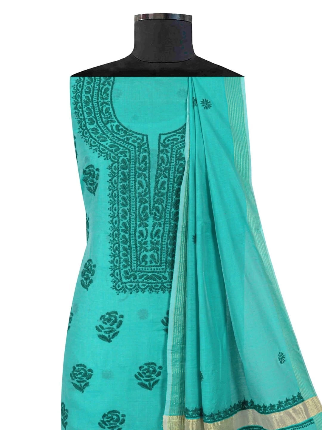 Ada Hand Embroidered Green Chanderi Lucknowi Chikankari unstitched Kurta Dupatta Set 01A237331