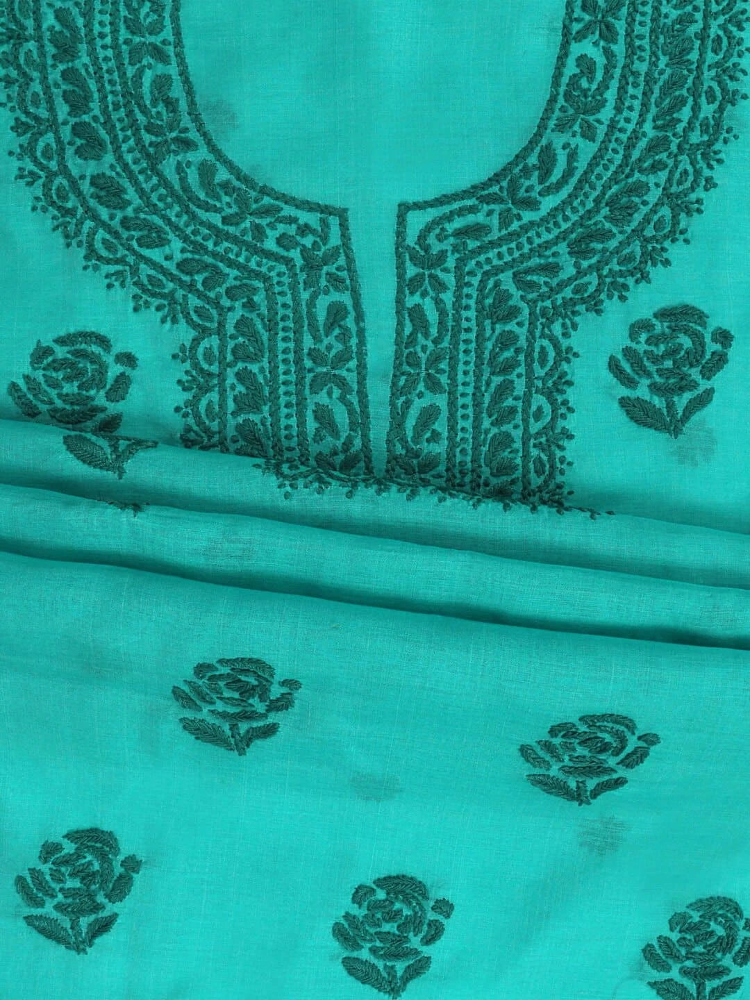 Ada Hand Embroidered Green Chanderi Lucknowi Chikankari unstitched Kurta Dupatta Set 01A237331
