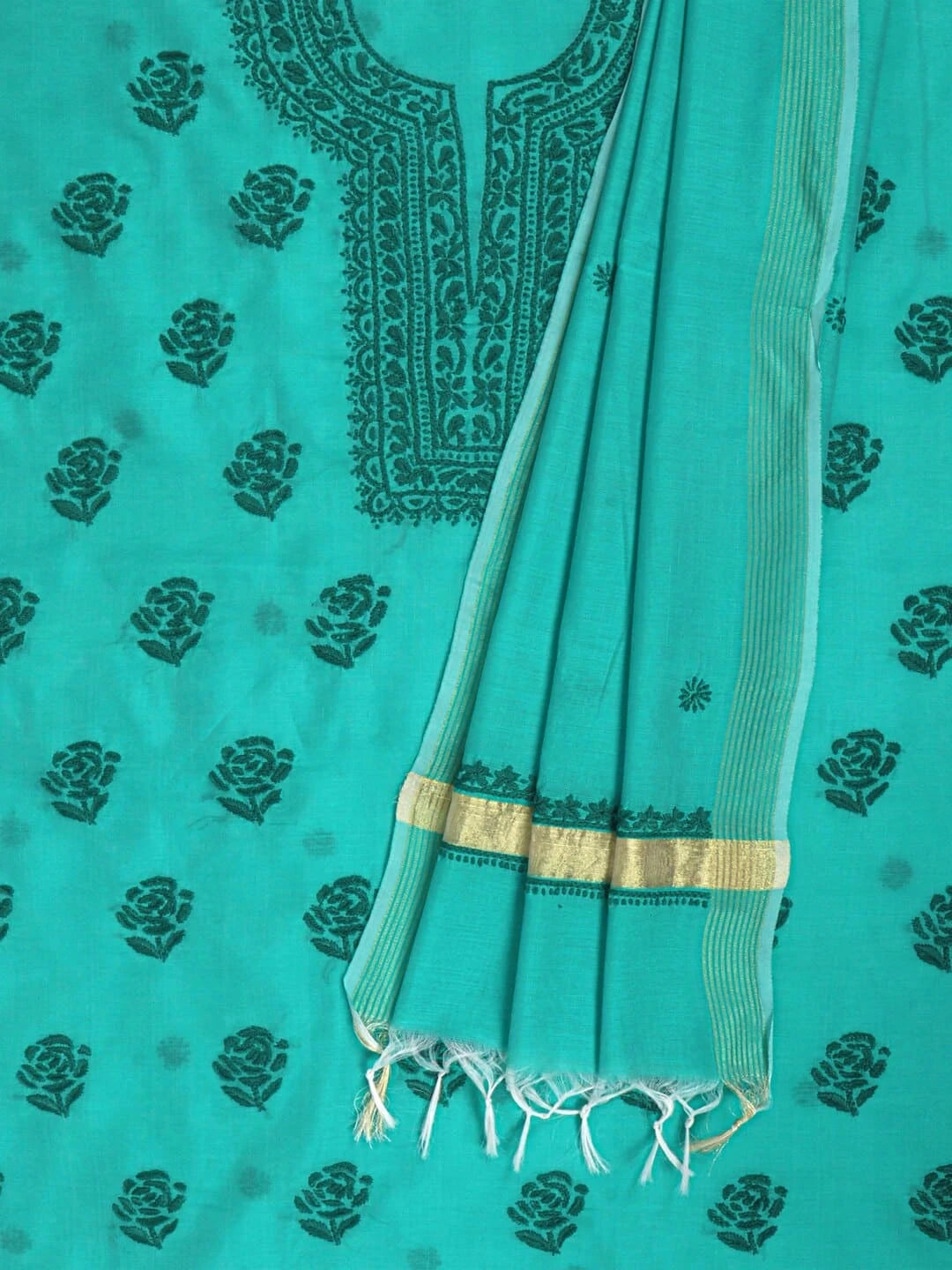 Ada Hand Embroidered Green Chanderi Lucknowi Chikankari unstitched Kurta Dupatta Set 01A237331