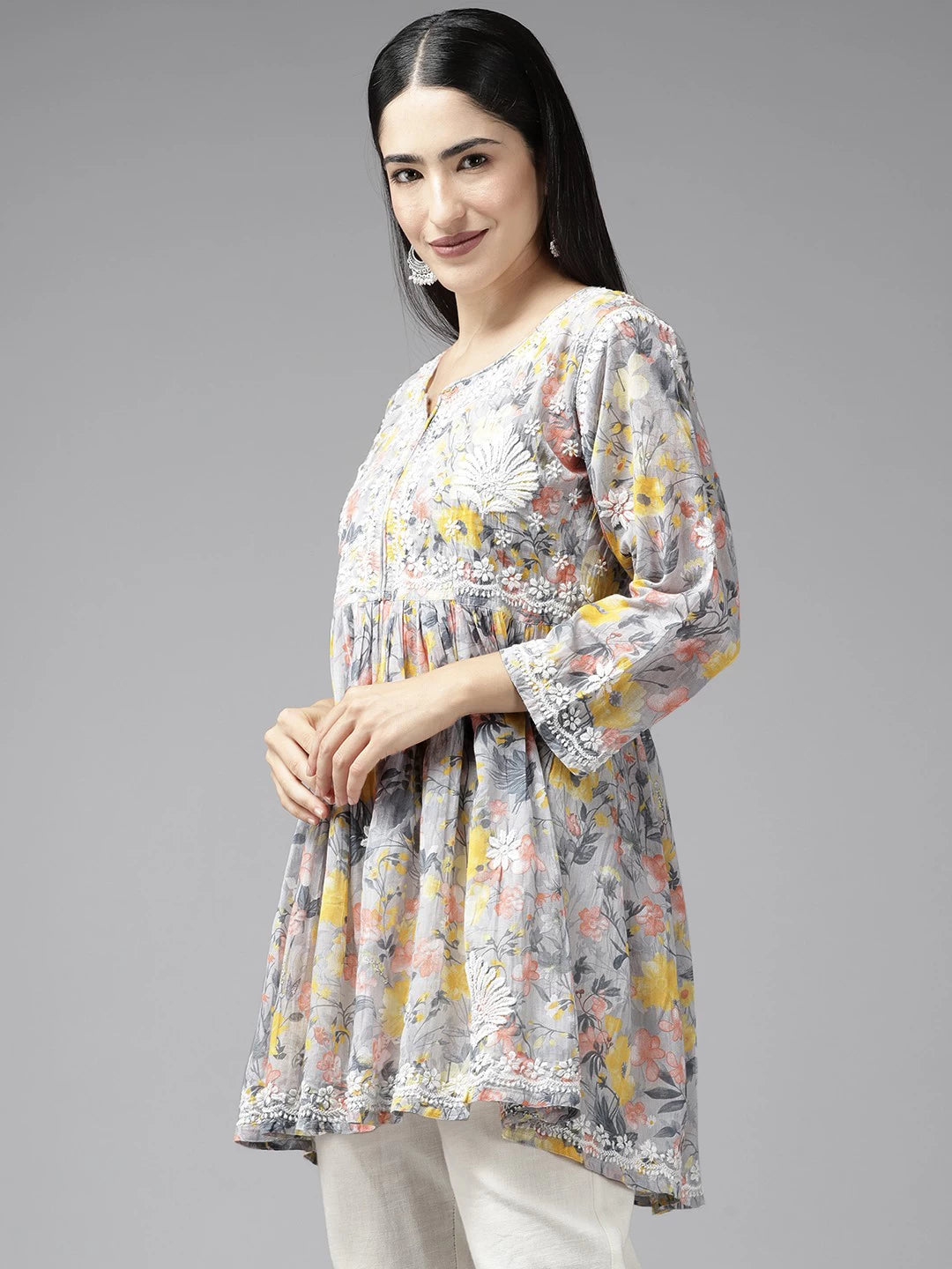 Ada Hand Embroidered Lucknowi Chikankari Grey And Yellow Cotton Floral Print Paplum Kurti A911314